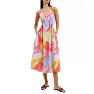 French Connection Womens Size 8 Watercolor Midi Sun Dress Spaghetti Straps NWT